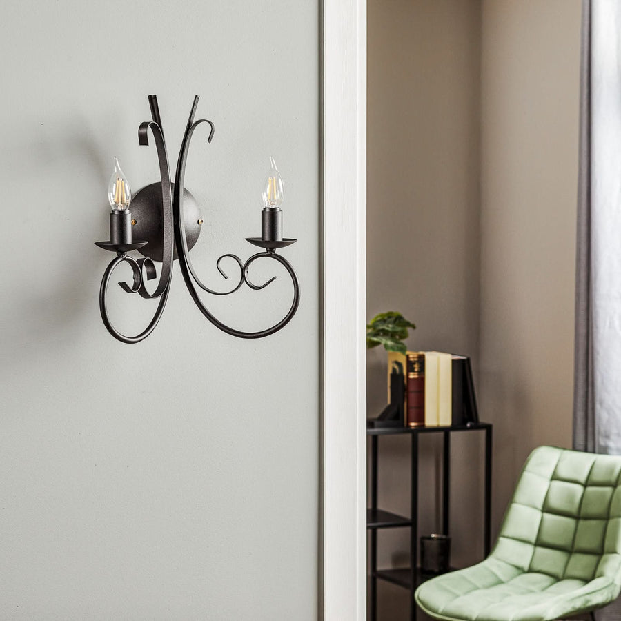 Applique murale Pompei en métal, noir, 2 lumières, hauteur 38 cm