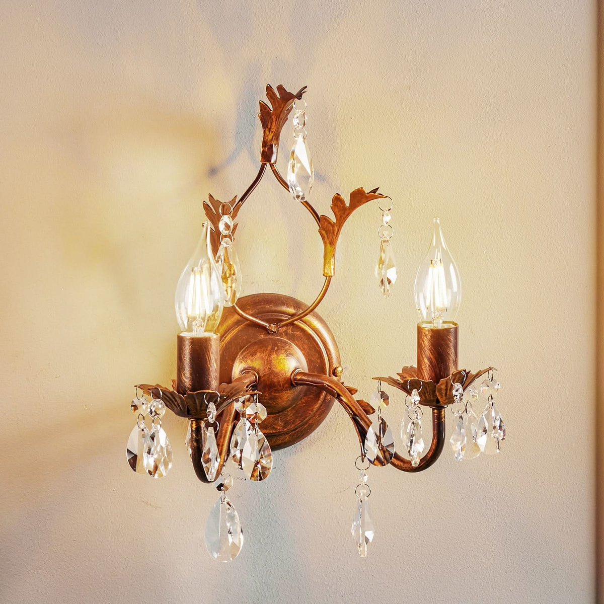 Applique murale Teresa en cristal, bronze et transparent, 2 lumières, hauteur 30 cm