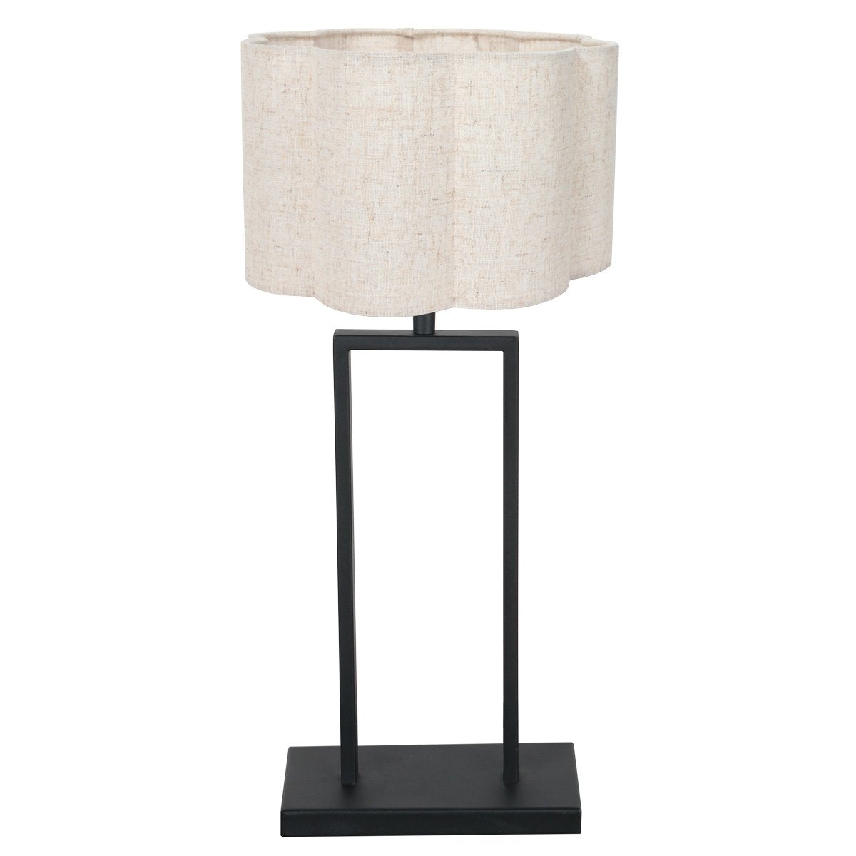 Vue de trois quarts du luminaire, dévoilant la finesse de la structure noire