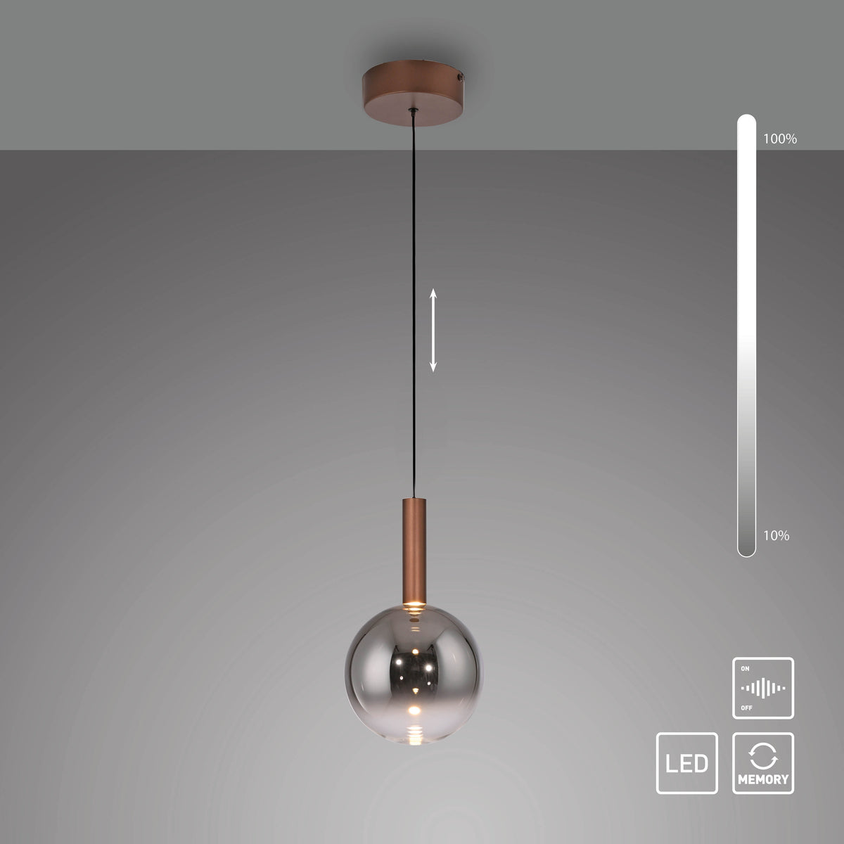 Schéma technique avec variateur, repères 100% et 10%, icônes LED mémoire et flèches.