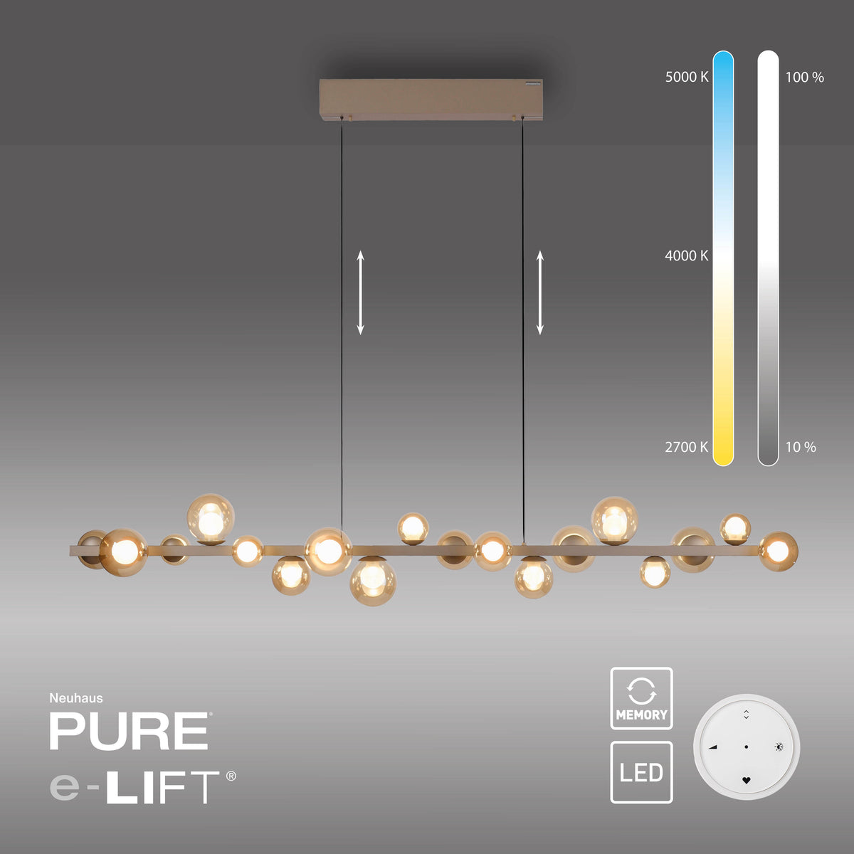 Schéma technique du luminaire avec température de couleur réglable et variateur, icônes mémoire et LED