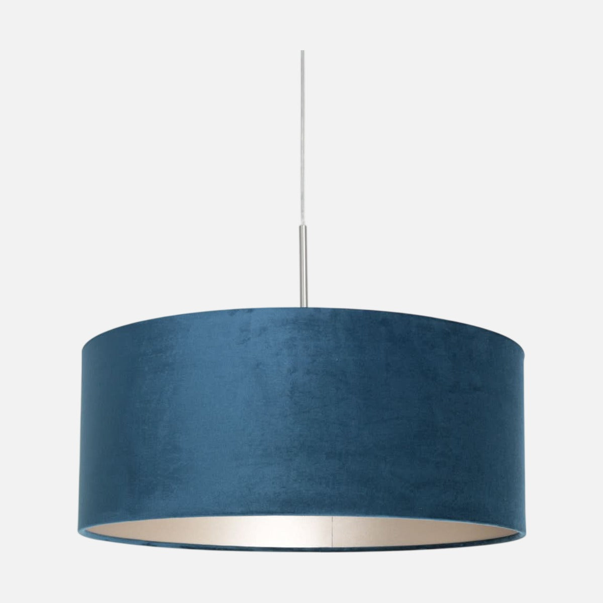 Suspension bleu Velira, abat-jour velours Ø 50 cm sur cordon acier, fond gris clair