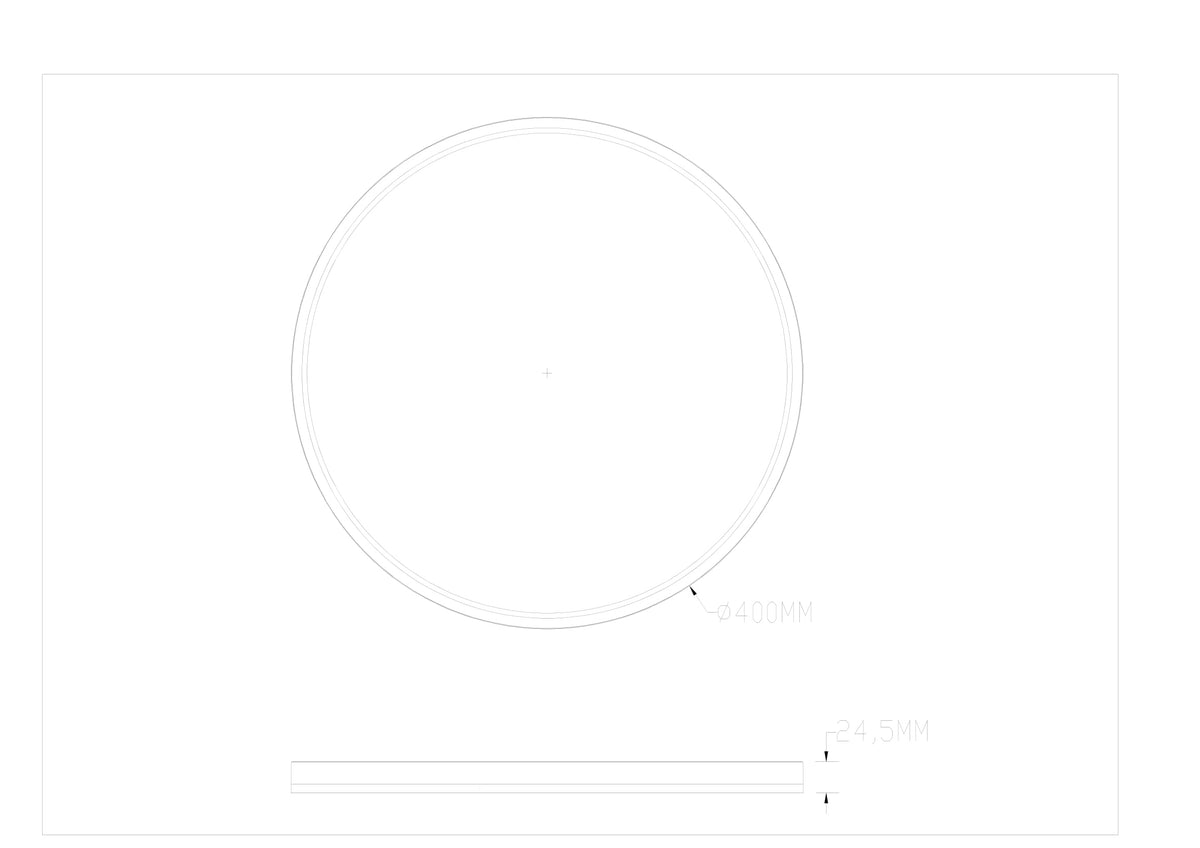 Schéma technique coté du plafonnier rond, diamètre 400 mm et épaisseur 24,5 mm