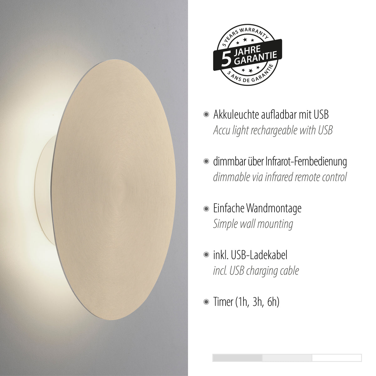 Encart garantie cinq ans accompagnant les caractéristiques techniques du luminaire mural