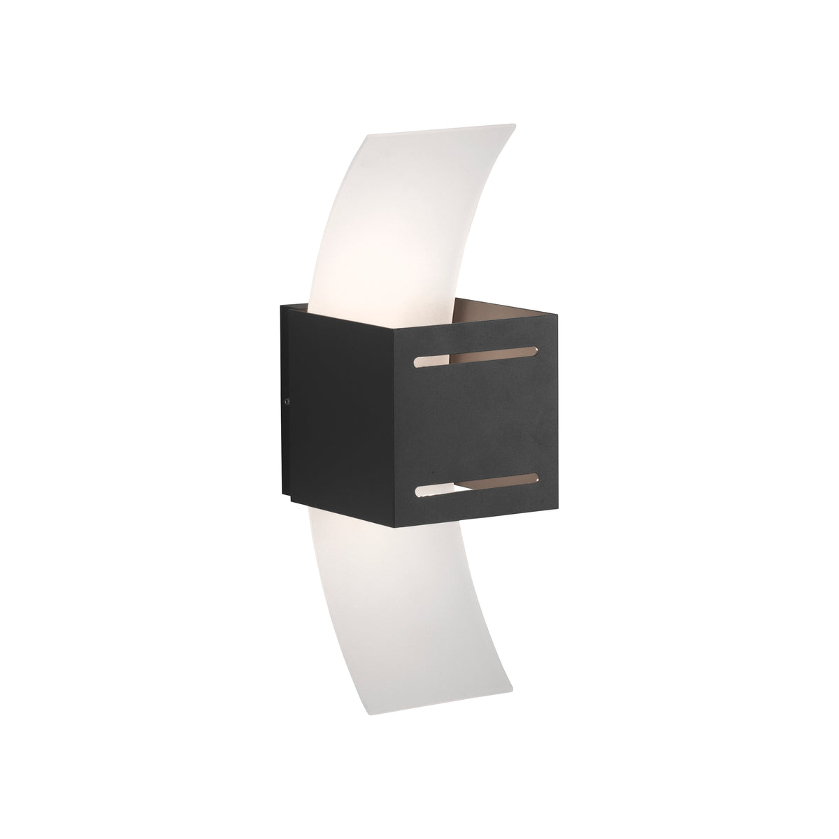 Produit sur fond blanc, applique murale noire et deux volets lumineux incurvés