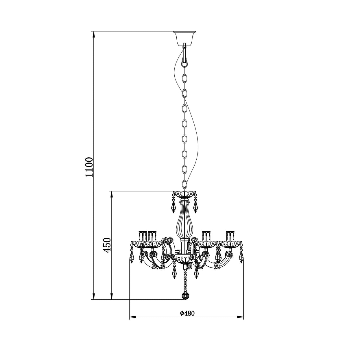 Schéma technique coté : hauteur totale 1100 mm, corps 450 mm, diamètre 480 mm.