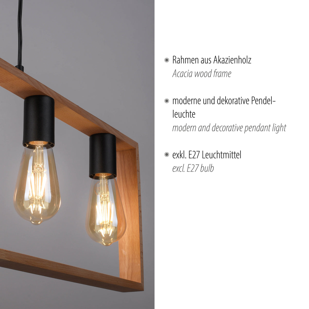 Détail de deux douilles noires et ampoules vintage sur le cadre en bois massif