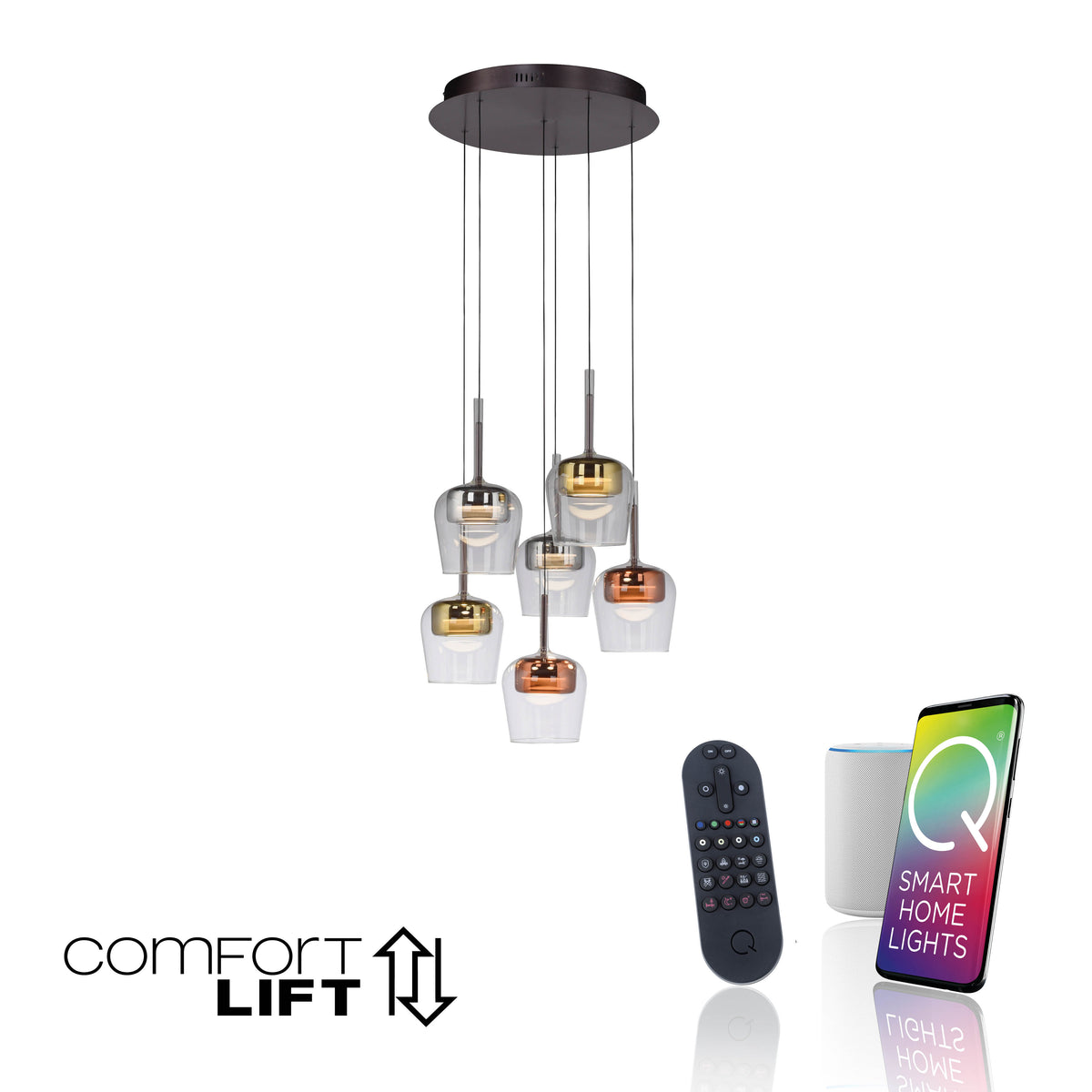 Vue produit sur fond blanc avec télécommande et application Smart Home Lights