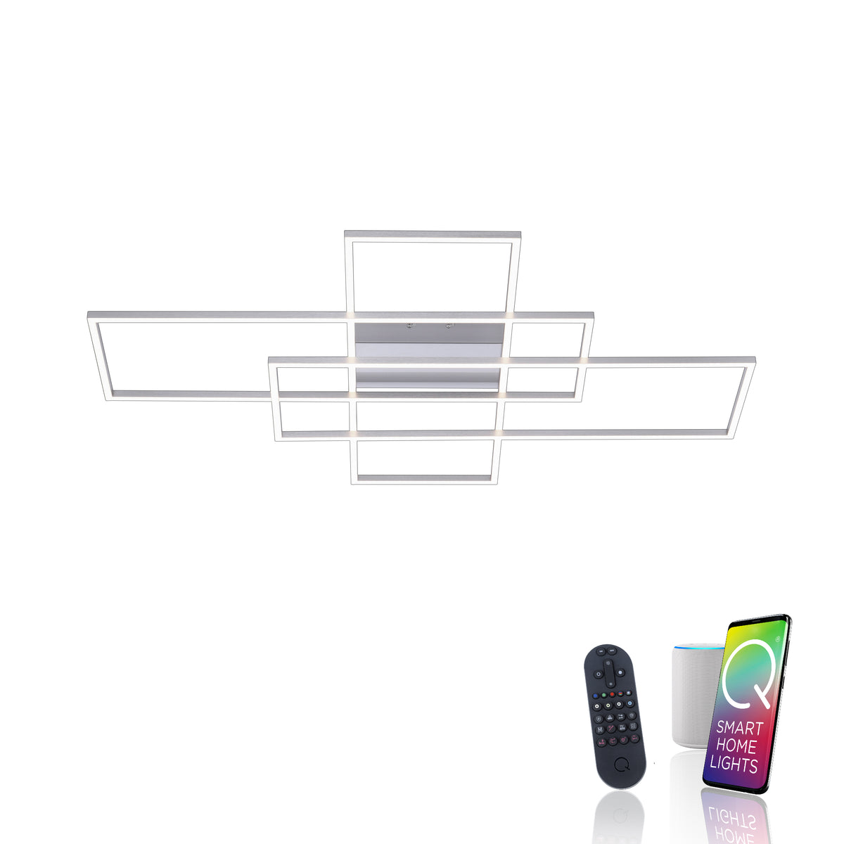 Présentation du luminaire connecté avec télécommande, enceinte et application sur smartphone