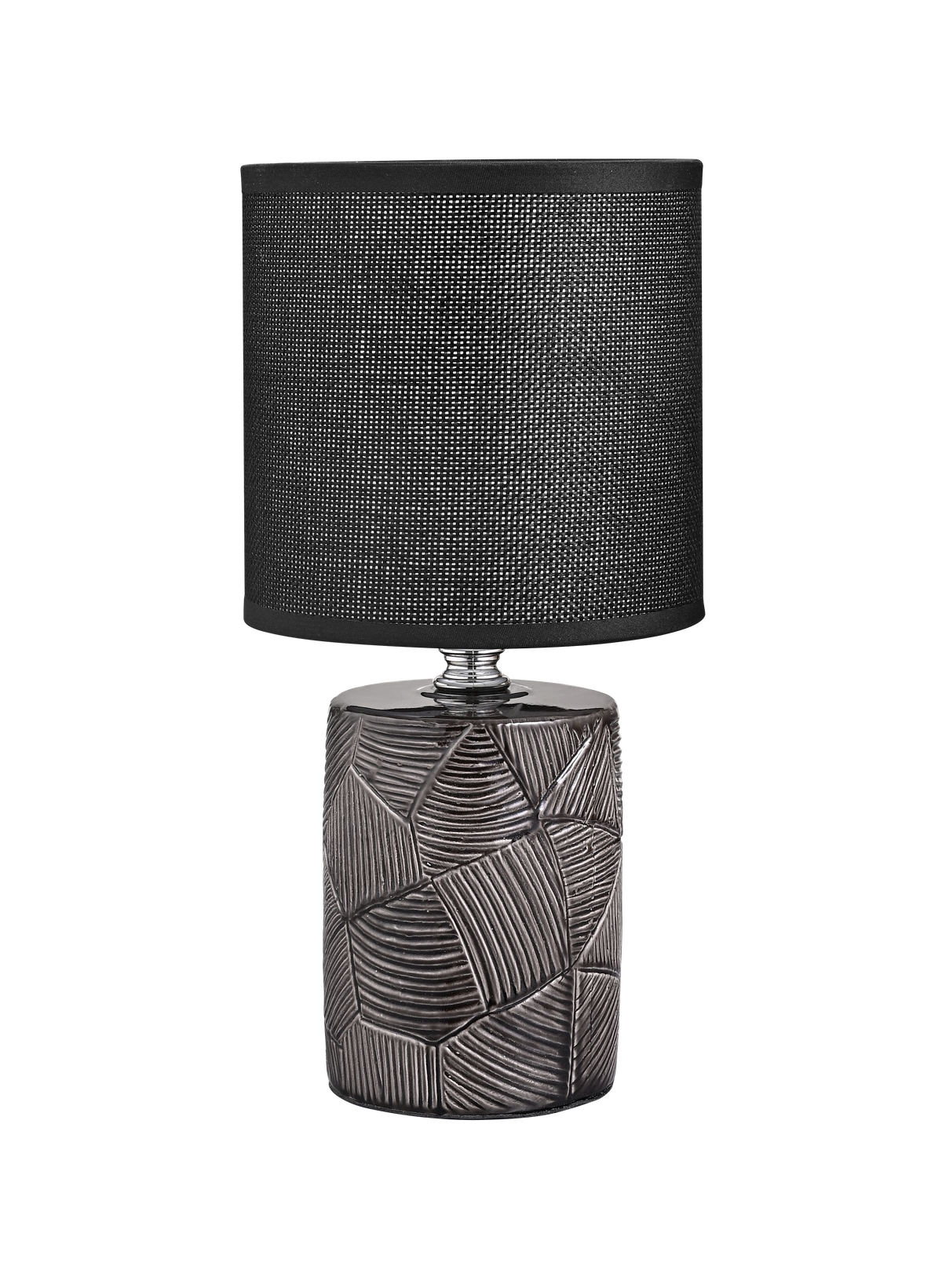 Lampe à poser noire avec abat-jour cylindrique en maille et base en céramique texturée.