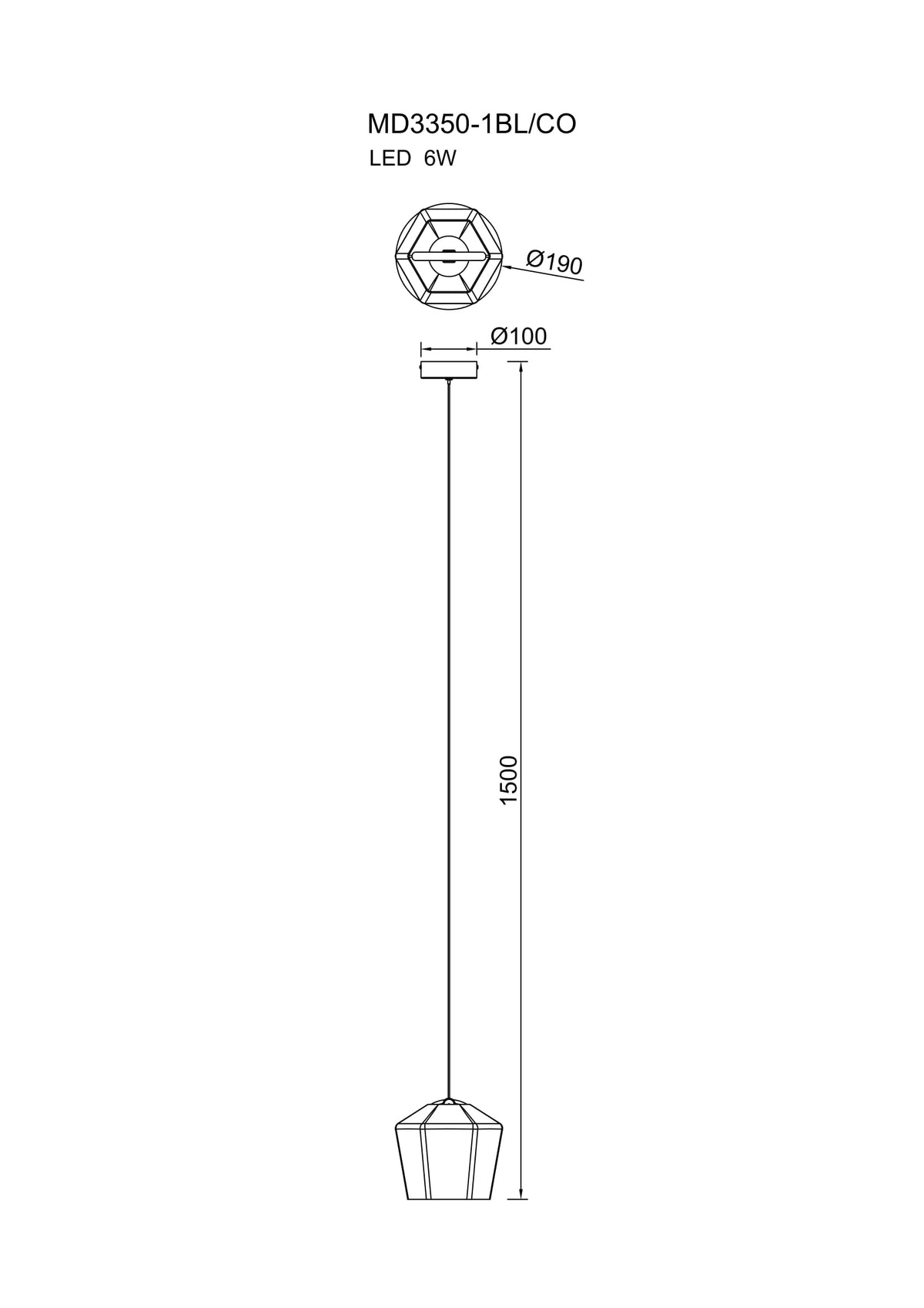 Schéma de dimensions du luminaire, diamètre 190 mm et hauteur 1500 mm