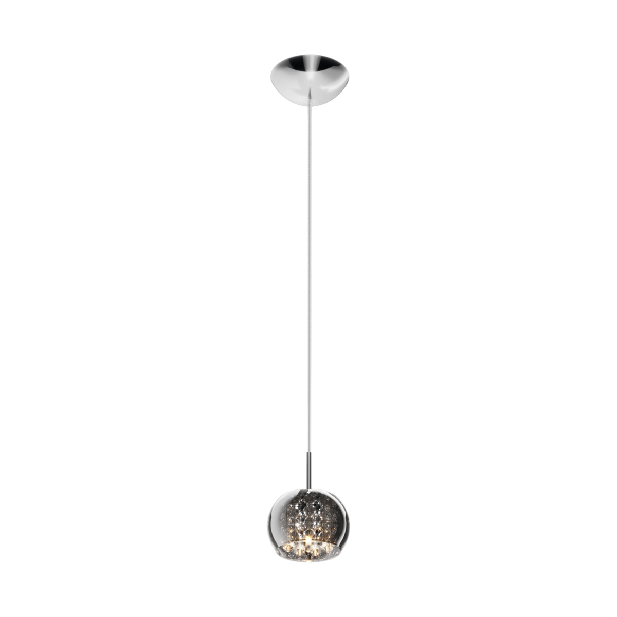Suspension en verre boule argenté et transparent, vue de face sur fond blanc