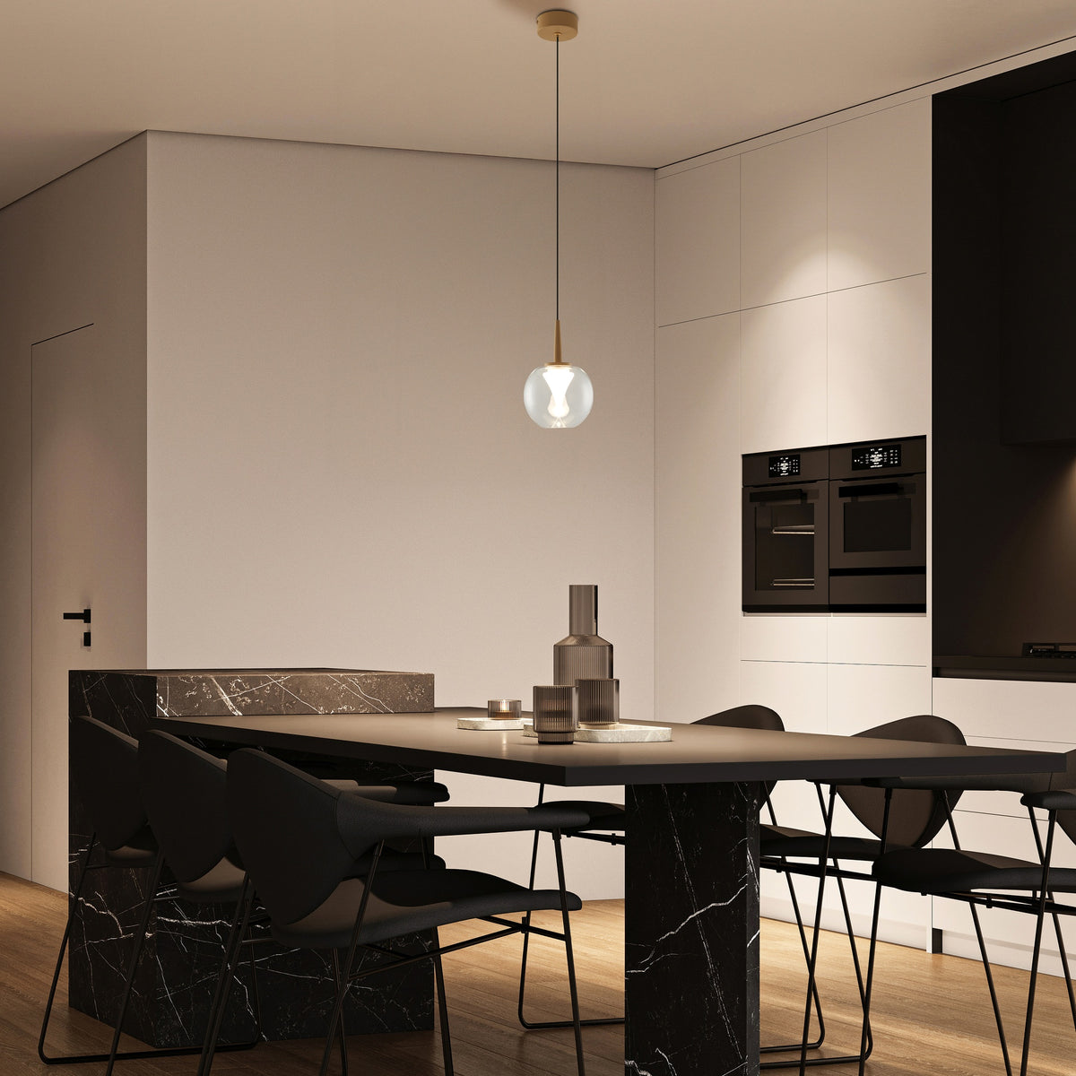 Suspension LED Andromeda dorée, verre transparent