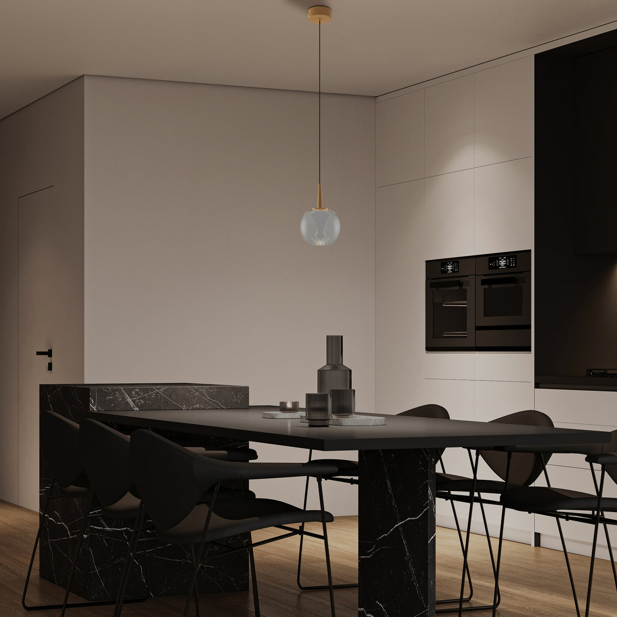 Suspension LED Andromeda dorée, verre transparent