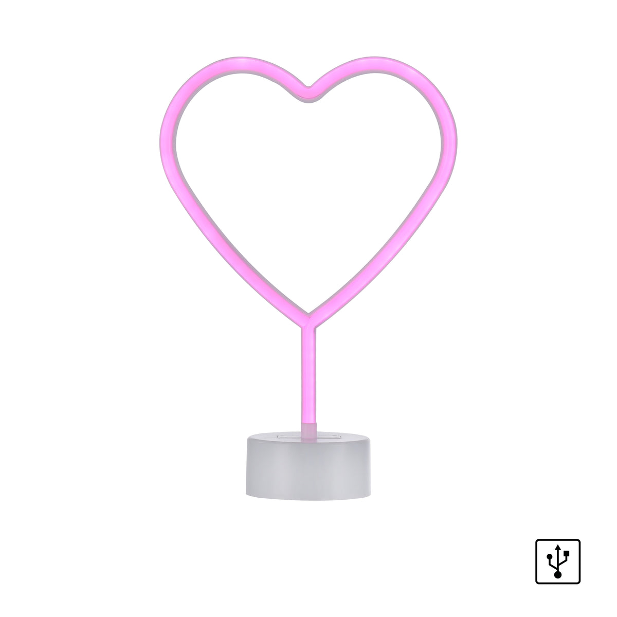 Lampe cœur rose éteinte sur fond blanc avec icône USB en bas à droite.