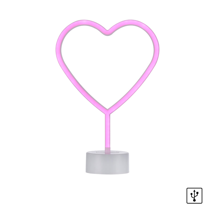Lampe cœur rose éteinte sur fond blanc avec icône USB en bas à droite.