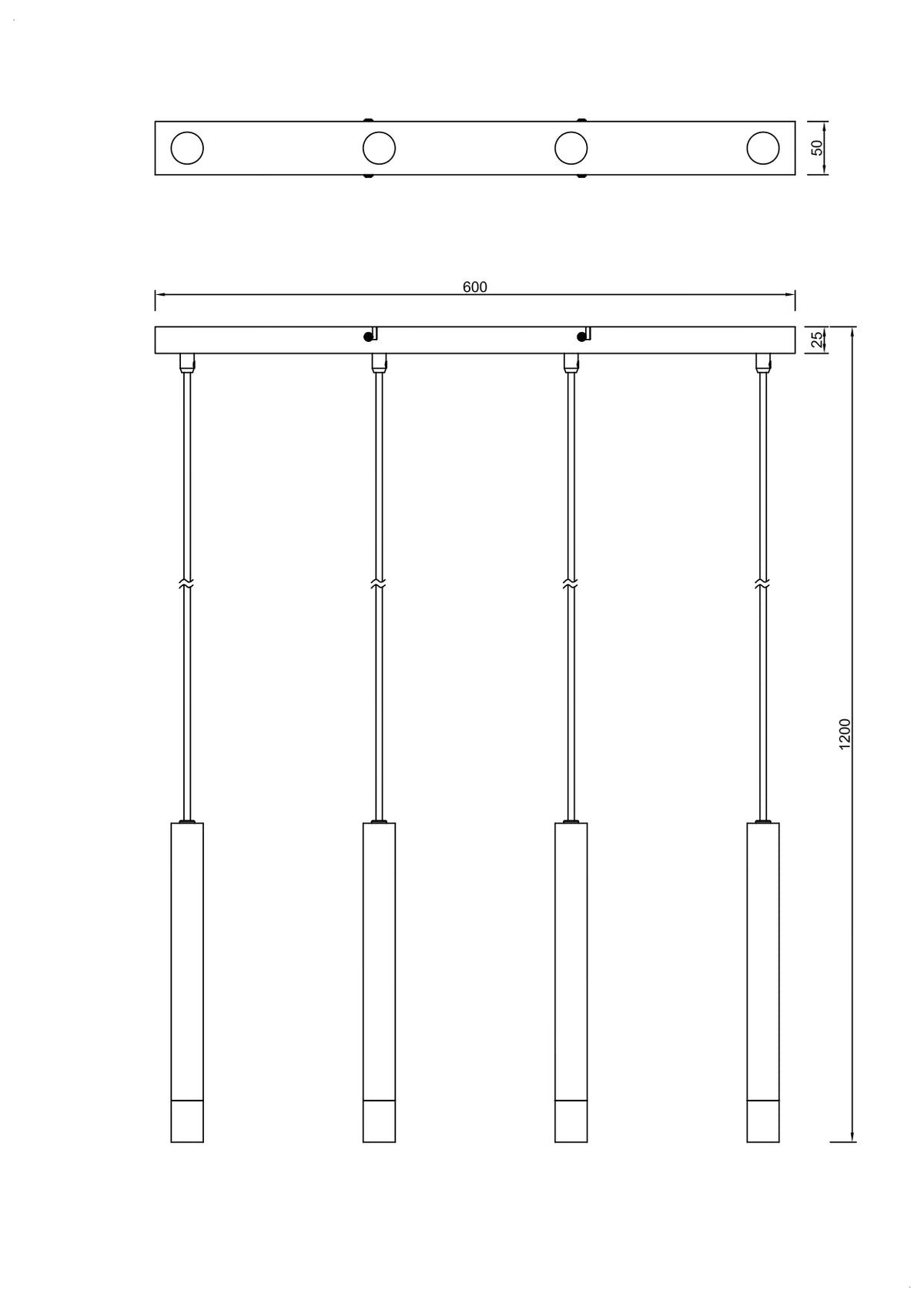 Schéma technique coté du luminaire avec largeur du support et hauteur totale.