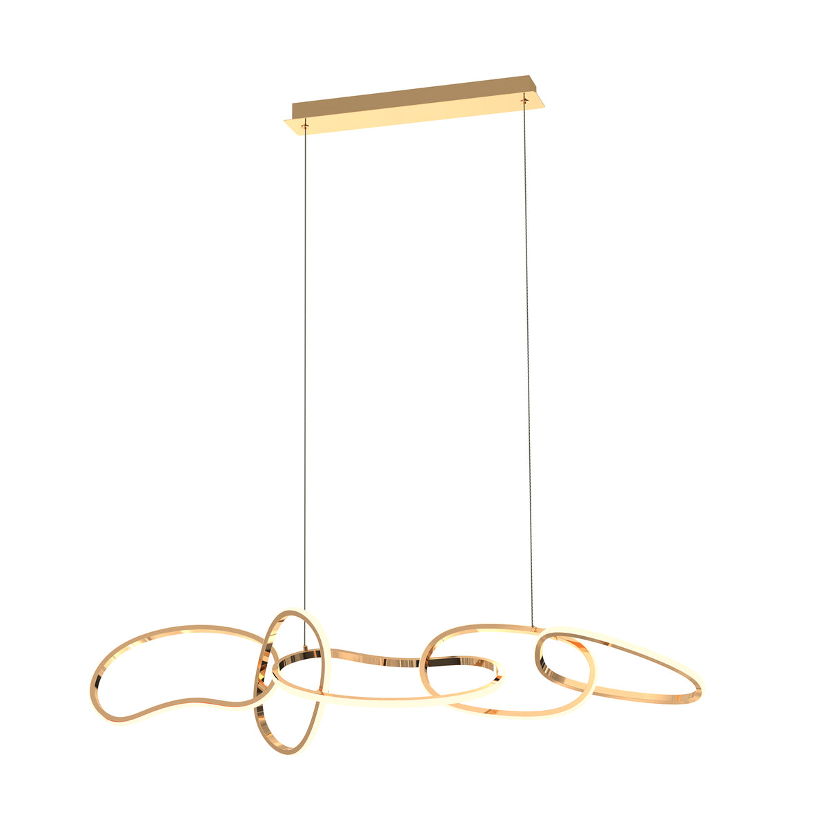 Suspension dorée en boucles ovales entrelacées, éclairage LED intégré, vue de face.