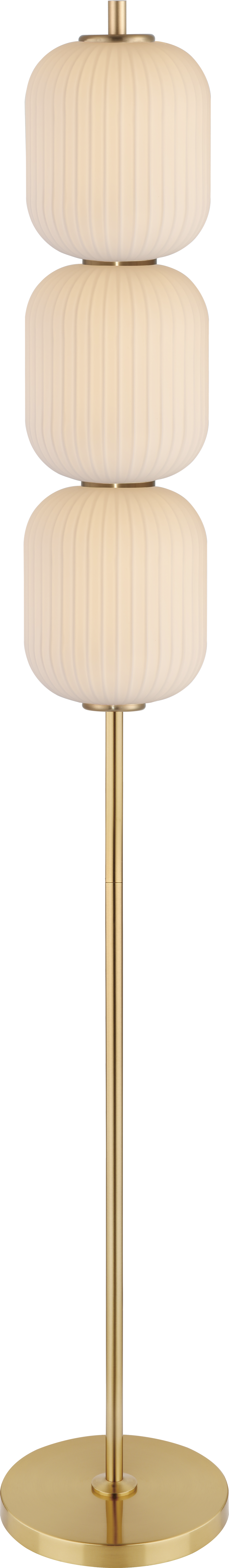 Lampadaire doré à trois diffuseurs cylindriques en verre strié empilés verticalement