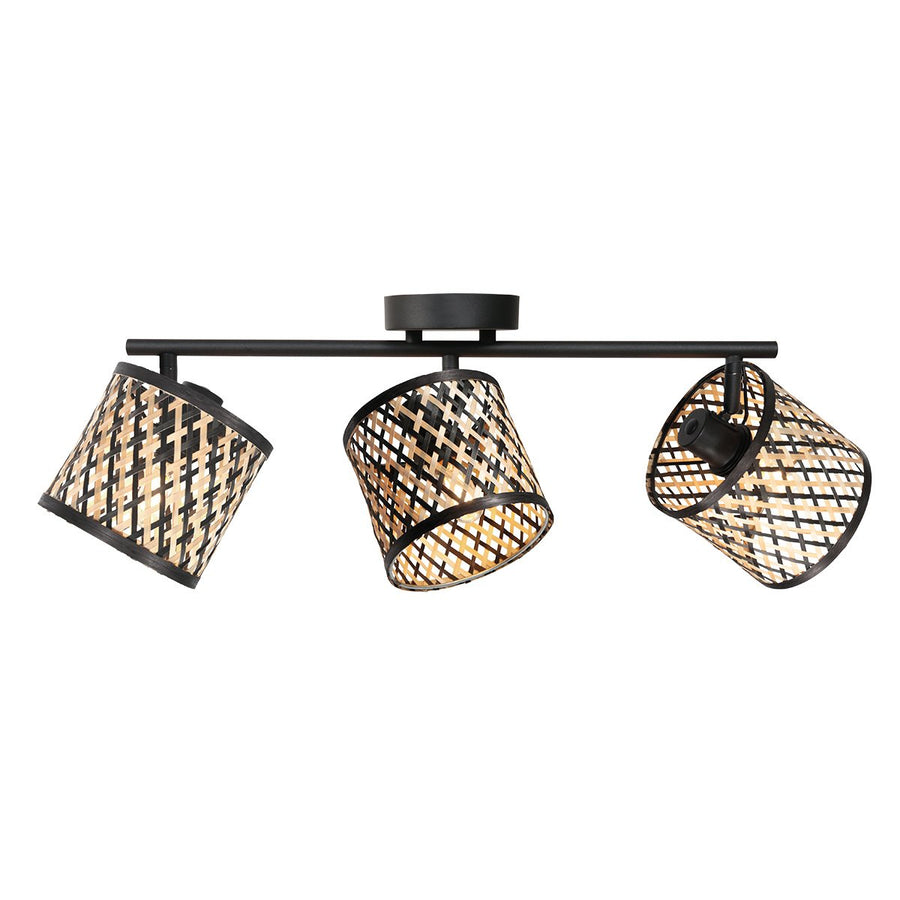 Spot Sumba noir, 3 lumières, abat-jour en bambou Ø12 cm