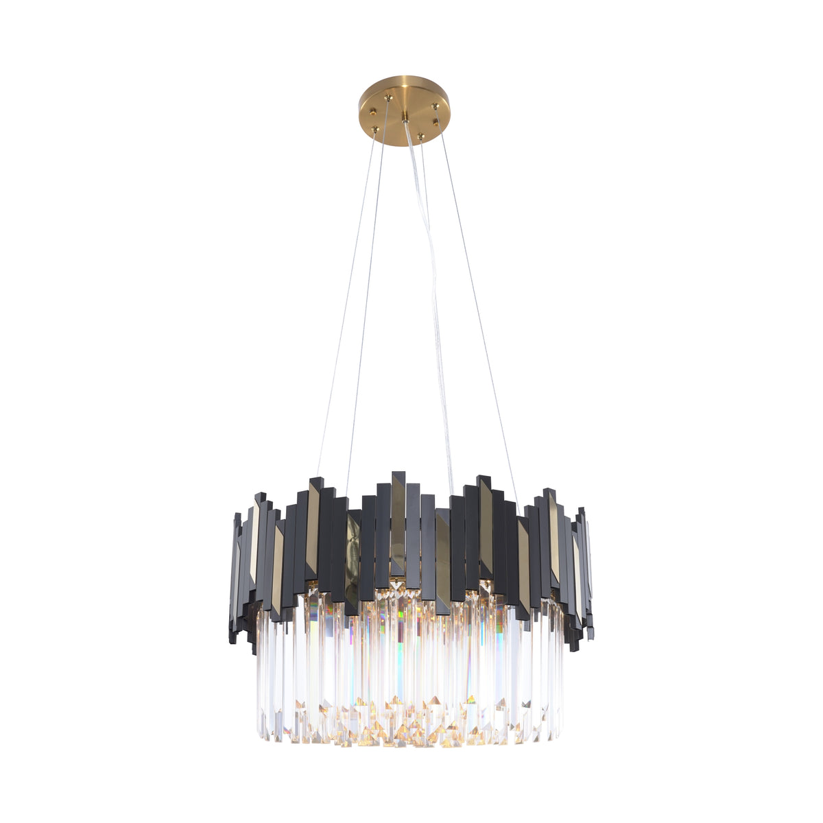Luminaire suspendu de face avec structure noire, dorée et prismes en verre