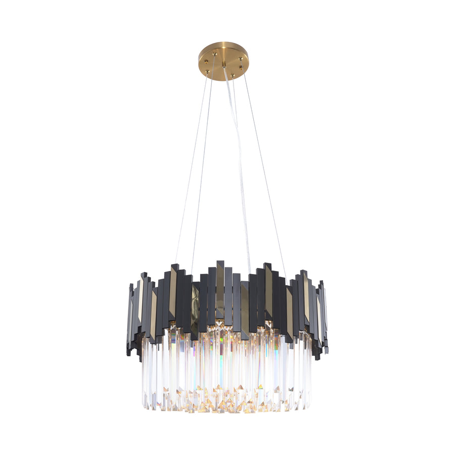 Luminaire suspendu de face avec structure noire, dorée et prismes en verre