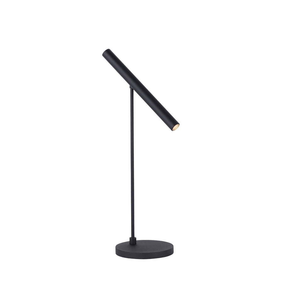 Détail de la lampe noire, tête tubulaire allumée sur fond blanc immaculé.