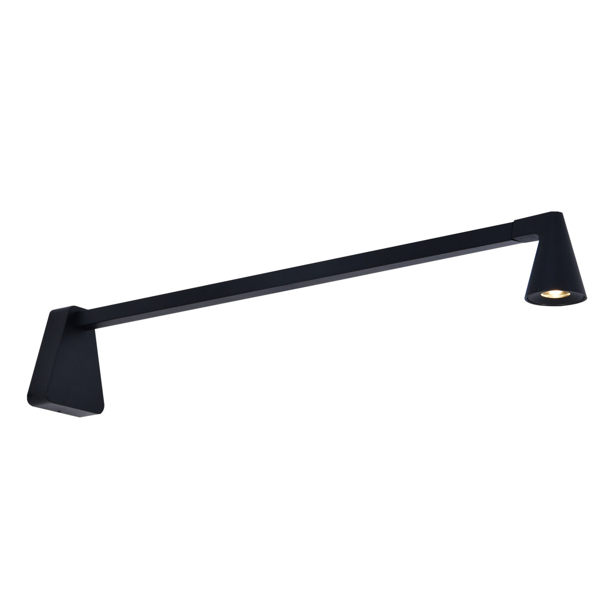Vue de profil de l'applique murale noire, long bras horizontal et tête conique.
