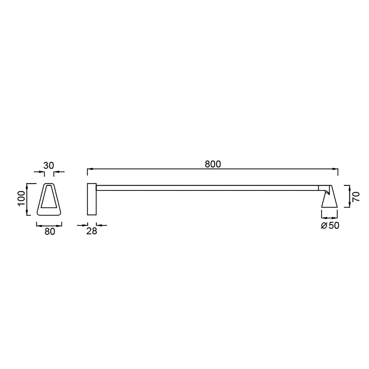 Schéma technique avec cotes : longueur 800 mm, hauteur 100 mm, diamètre 50 mm.