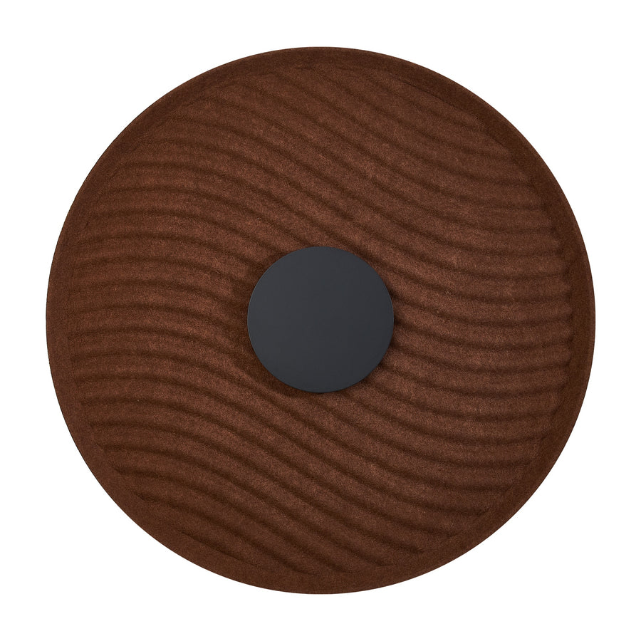 Produit éteint vu de face, panneau acoustique brun à reliefs et disque central sombre.