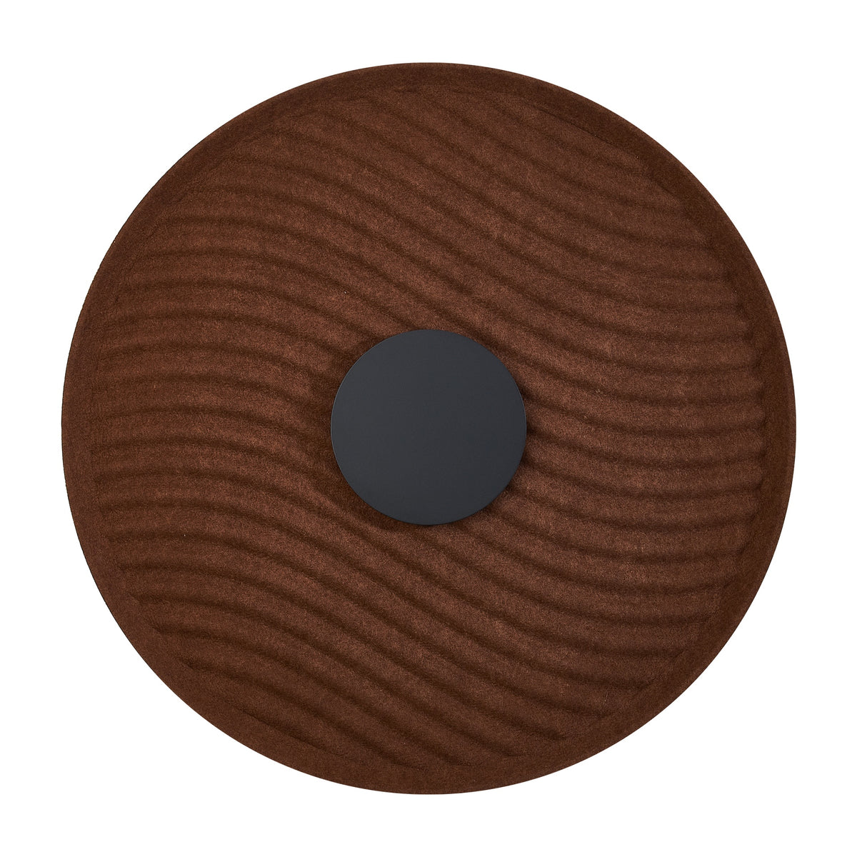 Produit éteint vu de face, panneau acoustique brun à reliefs et disque central sombre.