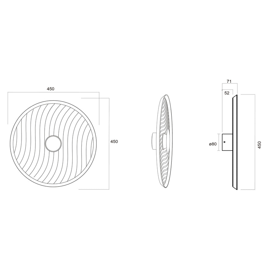 Schéma de dimensions : diamètre 450 mm, épaisseur 71 mm et fixation murale centrale.