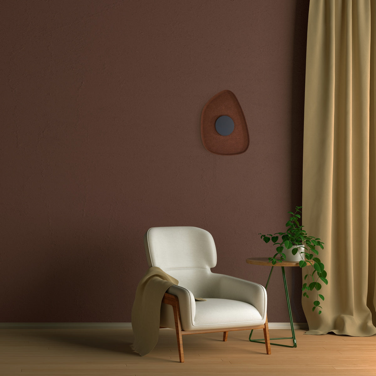 Ambiance avec applique éteinte, même décor de salon, fauteuil et plante verte.