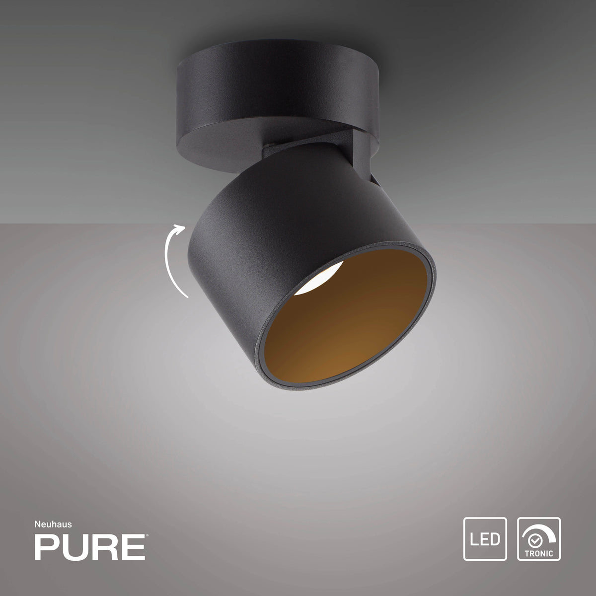 Vue sur plafond, flèche de rotation et faisceau lumineux diffusé vers le bas