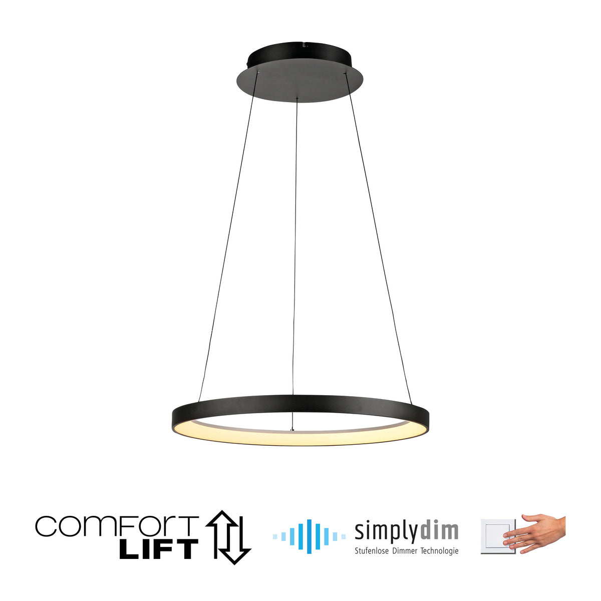 Luminaire présenté de face sur fond blanc avec pictogrammes de réglage et variateur