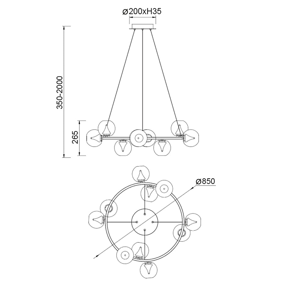 Suspension LED Andromeda 9 lumières dorée