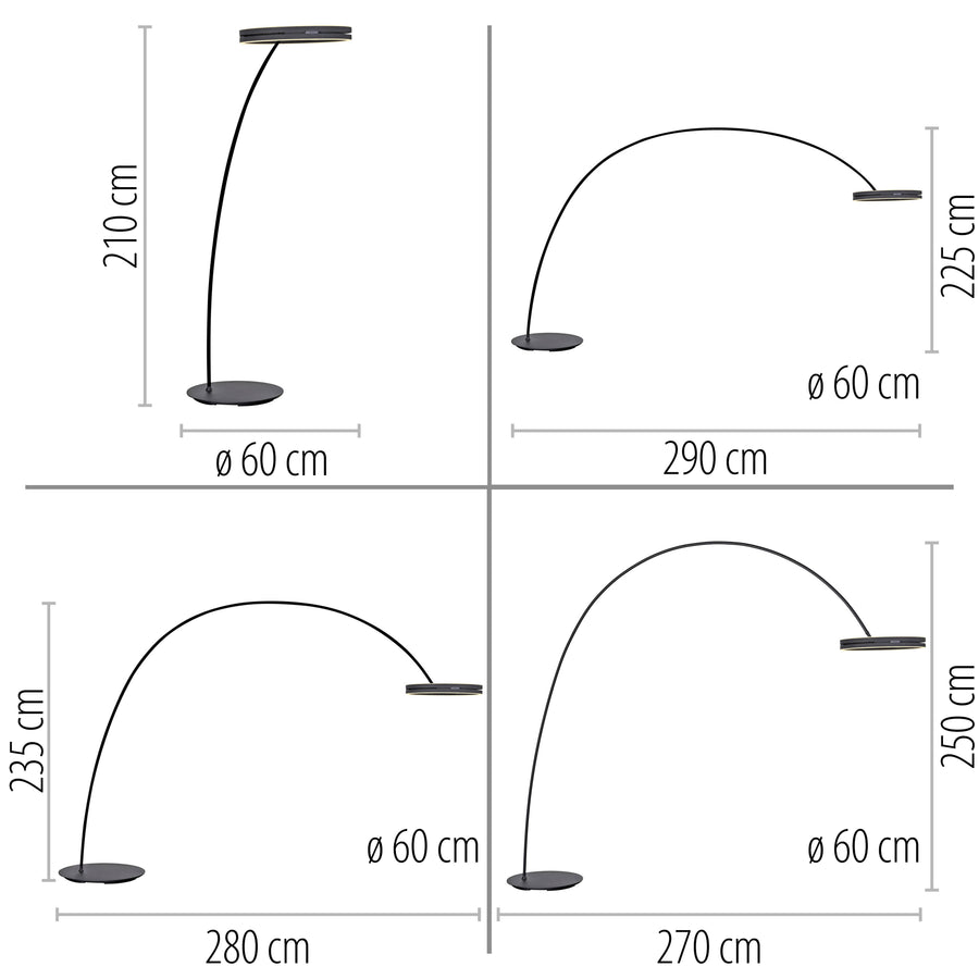 Schéma coté présentant quatre variantes de courbure, hauteurs et porte-à-faux du lampadaire