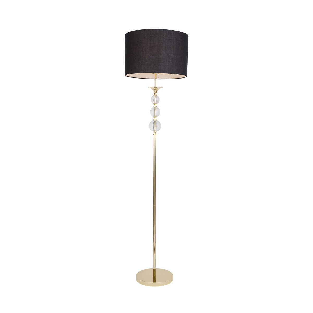 Lampadaire doré avec abat-jour noir et trois boules en verre transparent