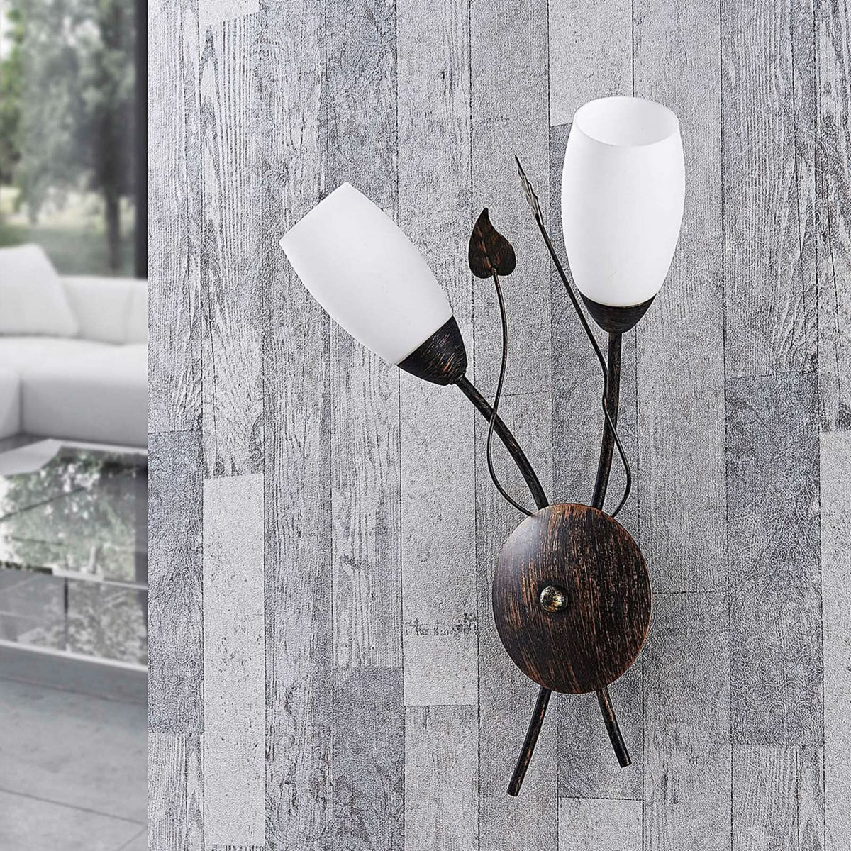 Applique murale Stefania en verre, noir doré brossé et blanc, 2 lumières, hauteur 42,5 cm