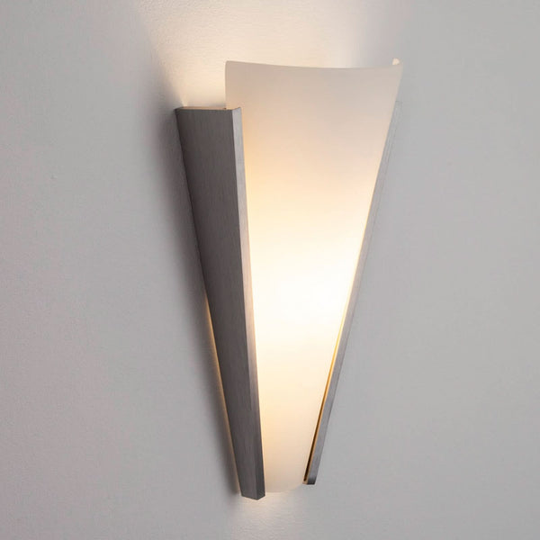 Applique murale en verre, blanc satiné et aluminium brossé, hauteur 31 cm