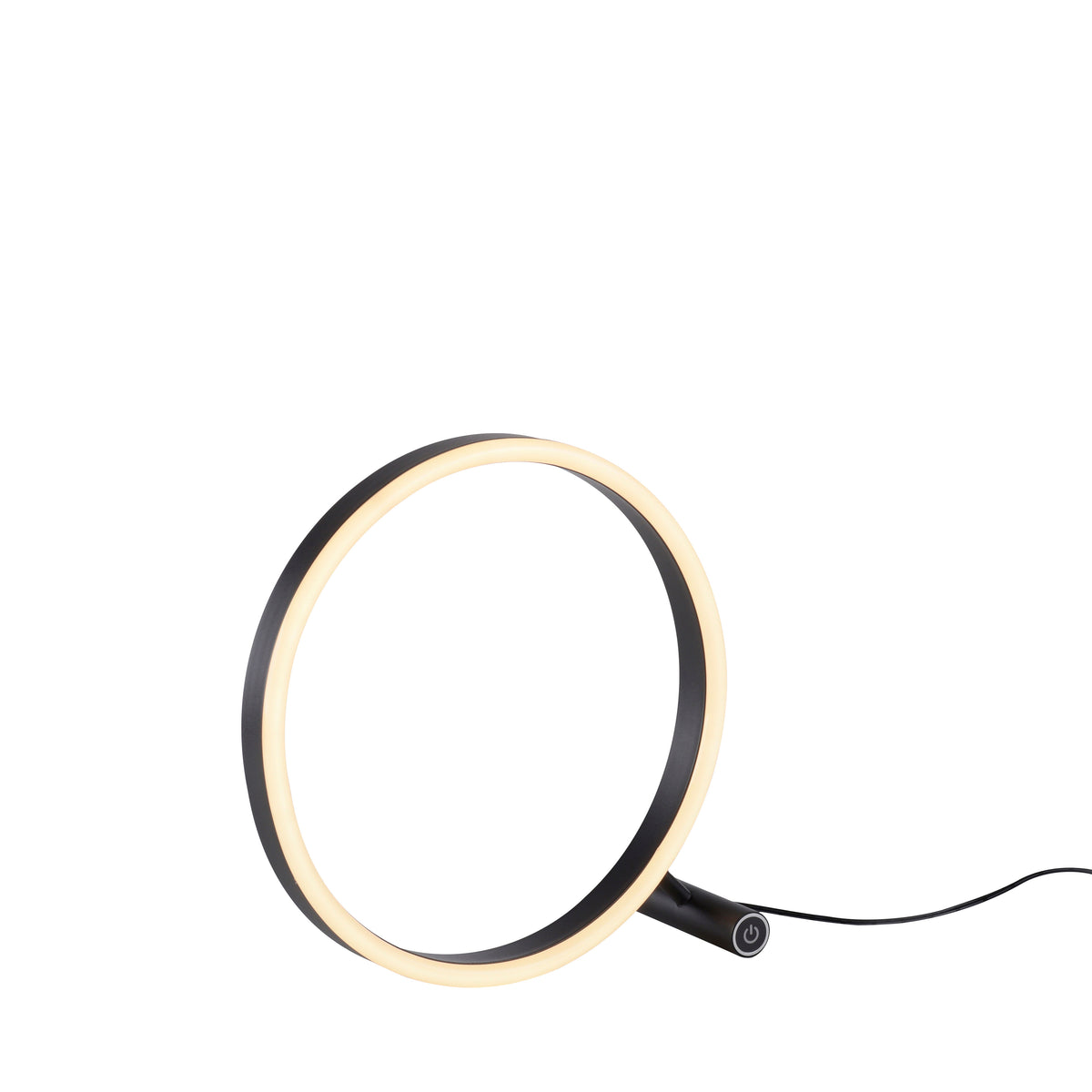 Lampe à poser annulaire noire allumée, vue de face sur fond blanc