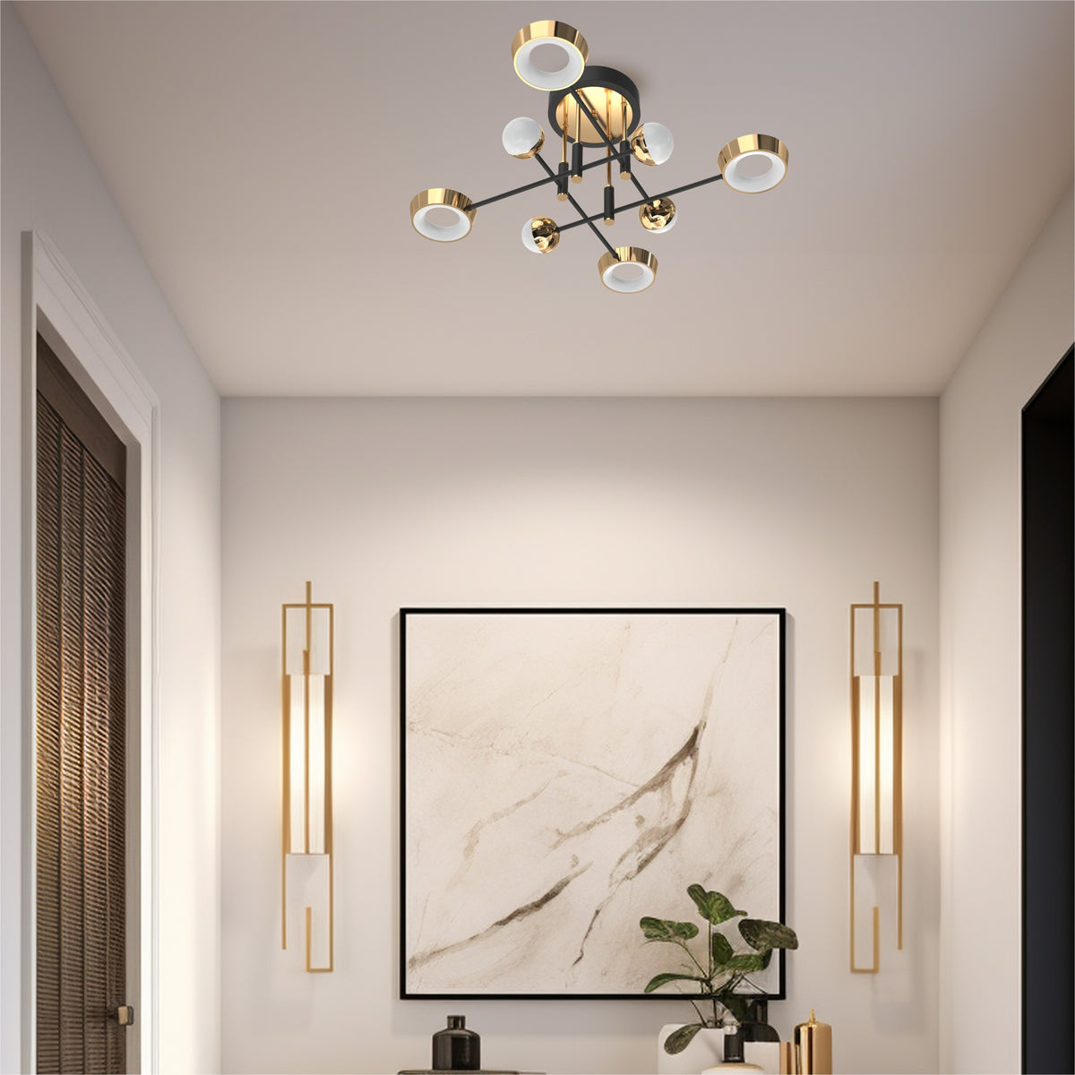 Mise en ambiance du plafonnier dans un intérieur moderne avec appliques murales