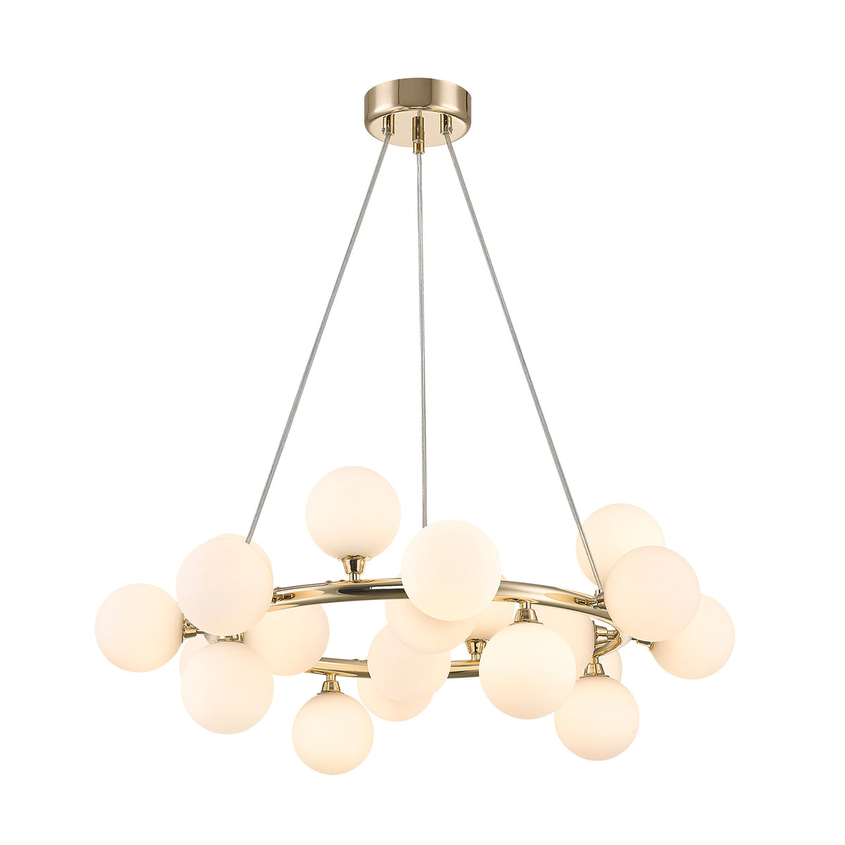Vue de face du luminaire suspendu avec ses sphères de verre blanc et structure dorée.