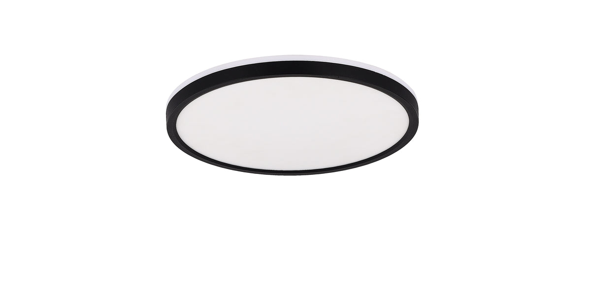 Plafonnier rond noir vu de face, diffuseur blanc opale et large cerclage noir