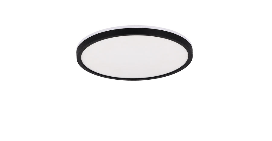 Vue de face du plafonnier rond, cerclage noir et diffuseur blanc opale