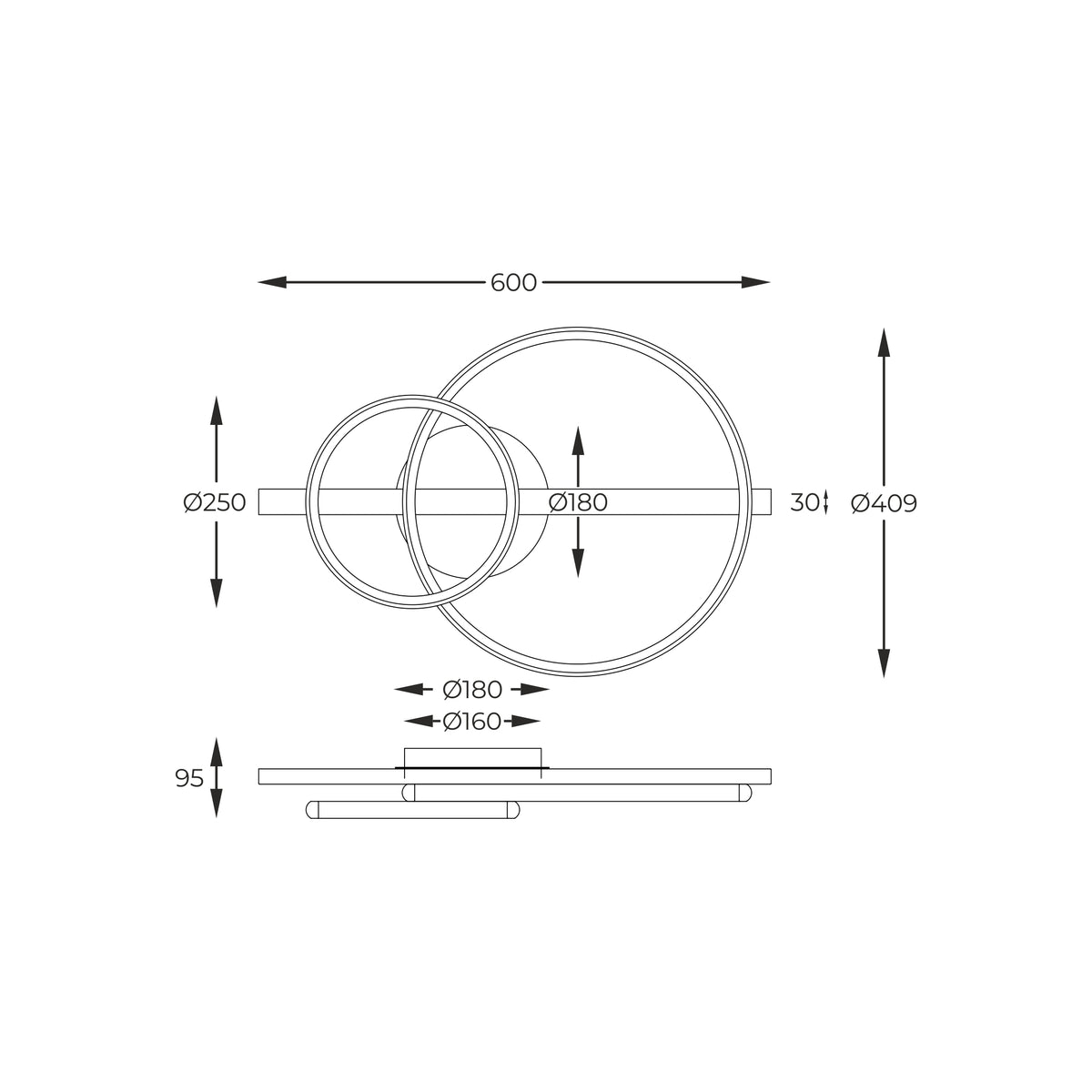 Schéma de dimensions du plafonnier avec diamètres des anneaux et hauteur