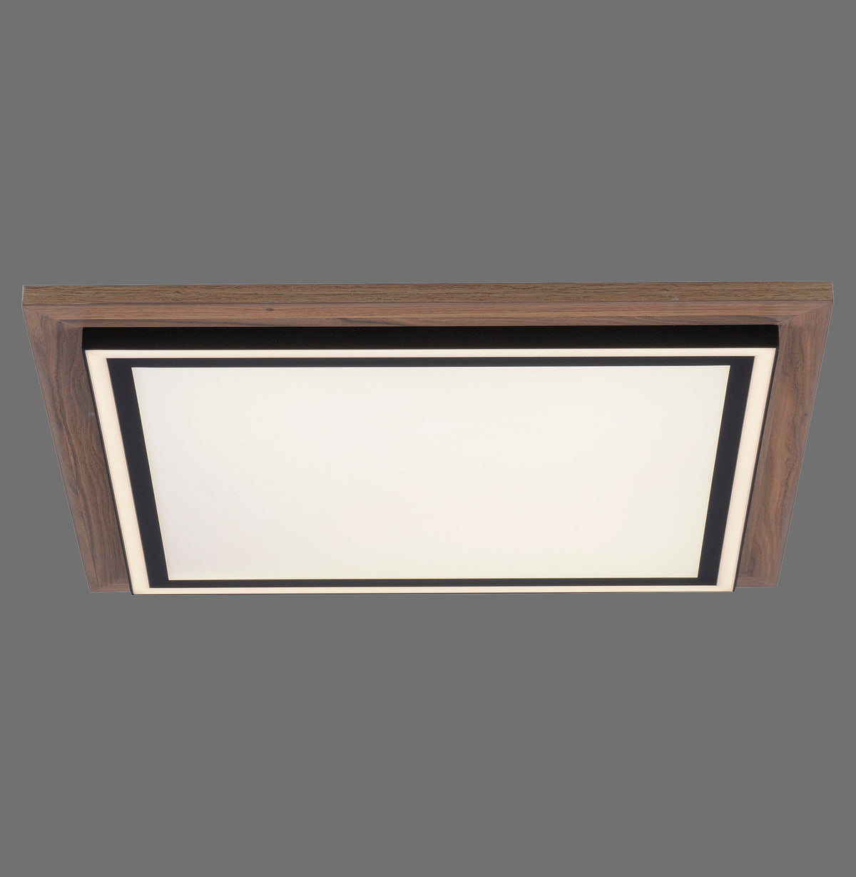 Plafonnier rectangulaire en bois avec diffuseur blanc, présenté de face sur fond gris.