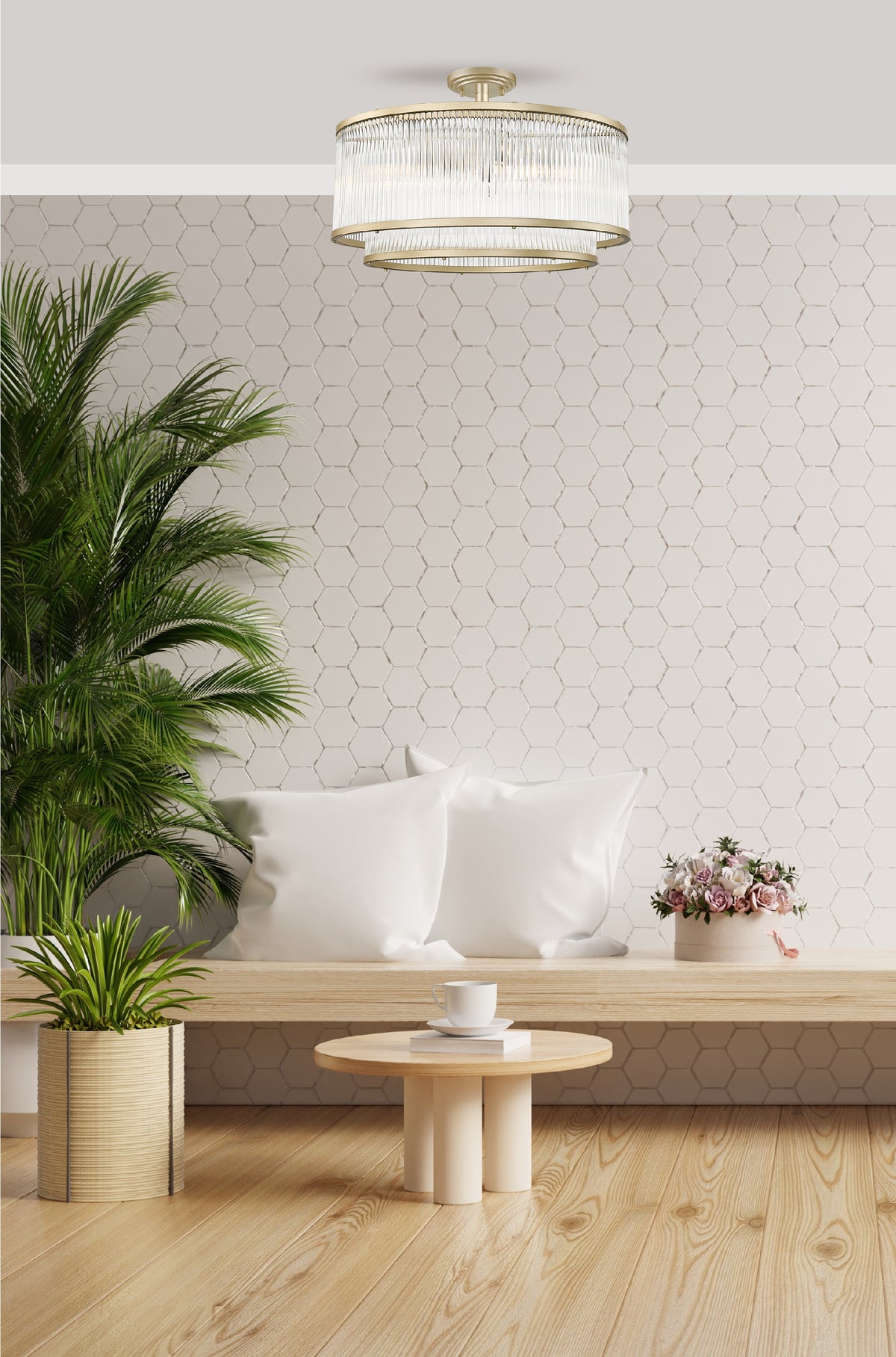 Mise en ambiance du luminaire allumé au-dessus d'un banc en bois