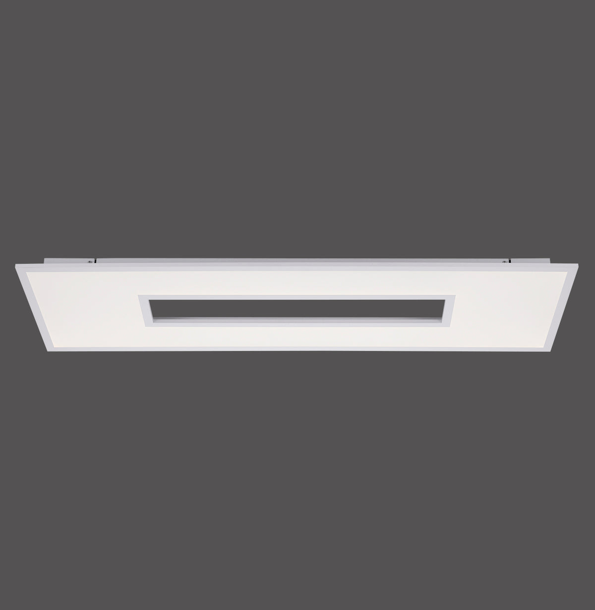 Vue de face du plafonnier blanc rectangulaire avec diffuseur central encastré