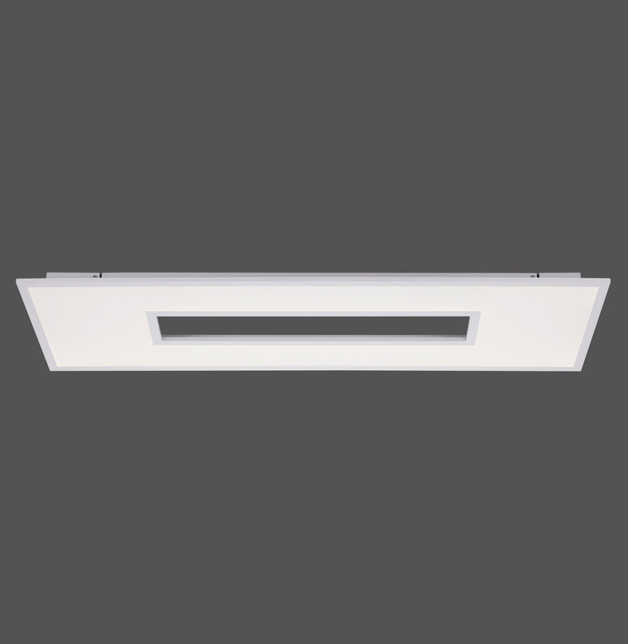 Vue de face du plafonnier blanc rectangulaire avec diffuseur central encastré